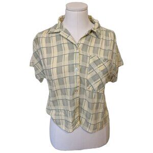 Womens Vintage 70s Pastel Yellow Plaid Boxy Blouse Mod Button Up Top Retro Sz L